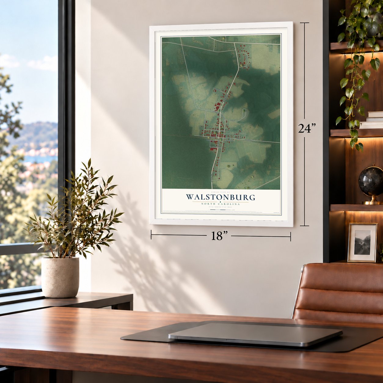 Walstonburg, North Carolina map, 18 x 24 inch print in a white frame in a home office