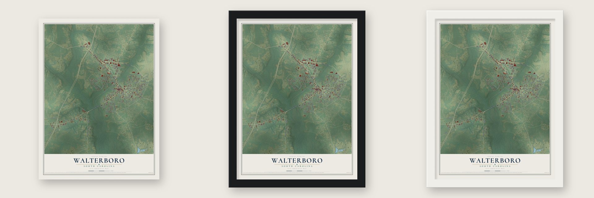 Walterboro, South Carolina map unframed, in a black wood frame and in a white wood frame