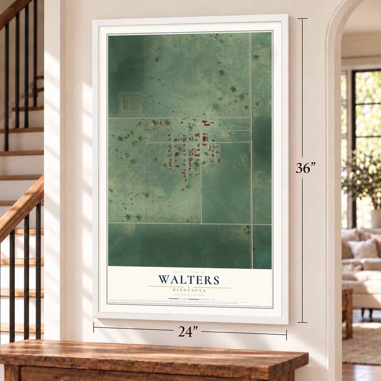 Walters, Minnesota map, 24 x 36 inch print in a white frame by a staircase