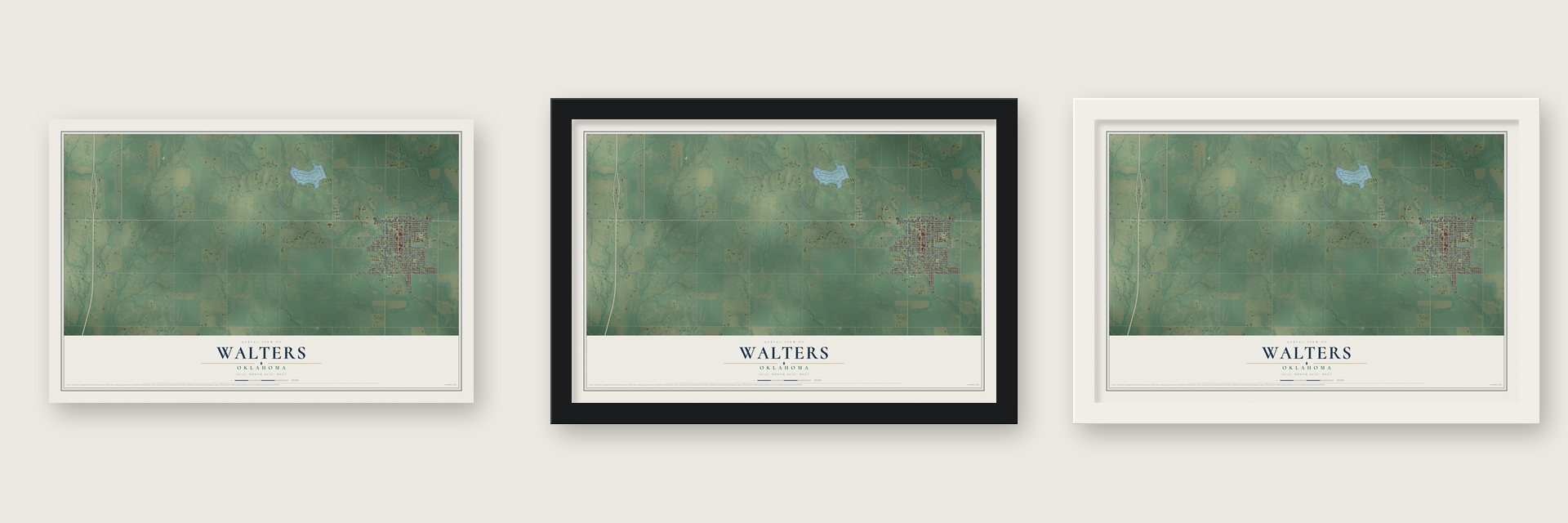 Walters, Oklahoma map unframed, in a black wood frame and in a white wood frame