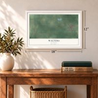 Walters, Oklahoma map, 12 x 18 inch print in a white frame in an entryway