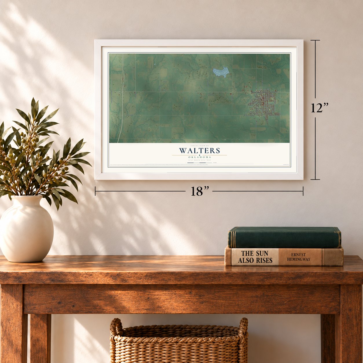 Walters, Oklahoma map, 12 x 18 inch print in a white frame in an entryway