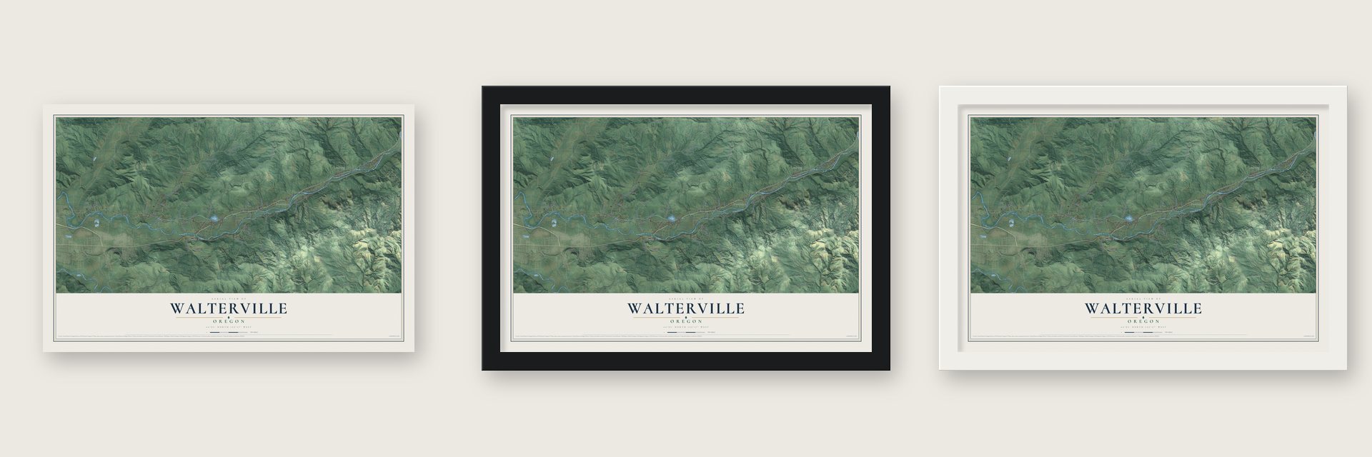 Walterville, Oregon map unframed, in a black wood frame and in a white wood frame