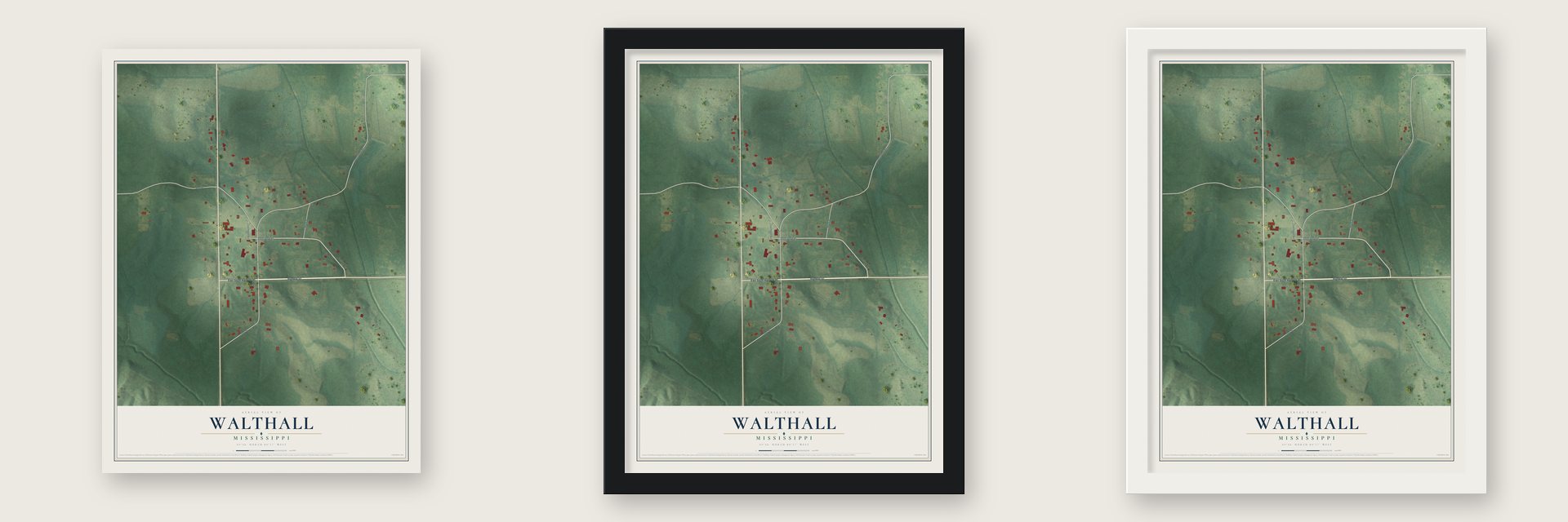Walthall, Mississippi map unframed, in a black wood frame and in a white wood frame
