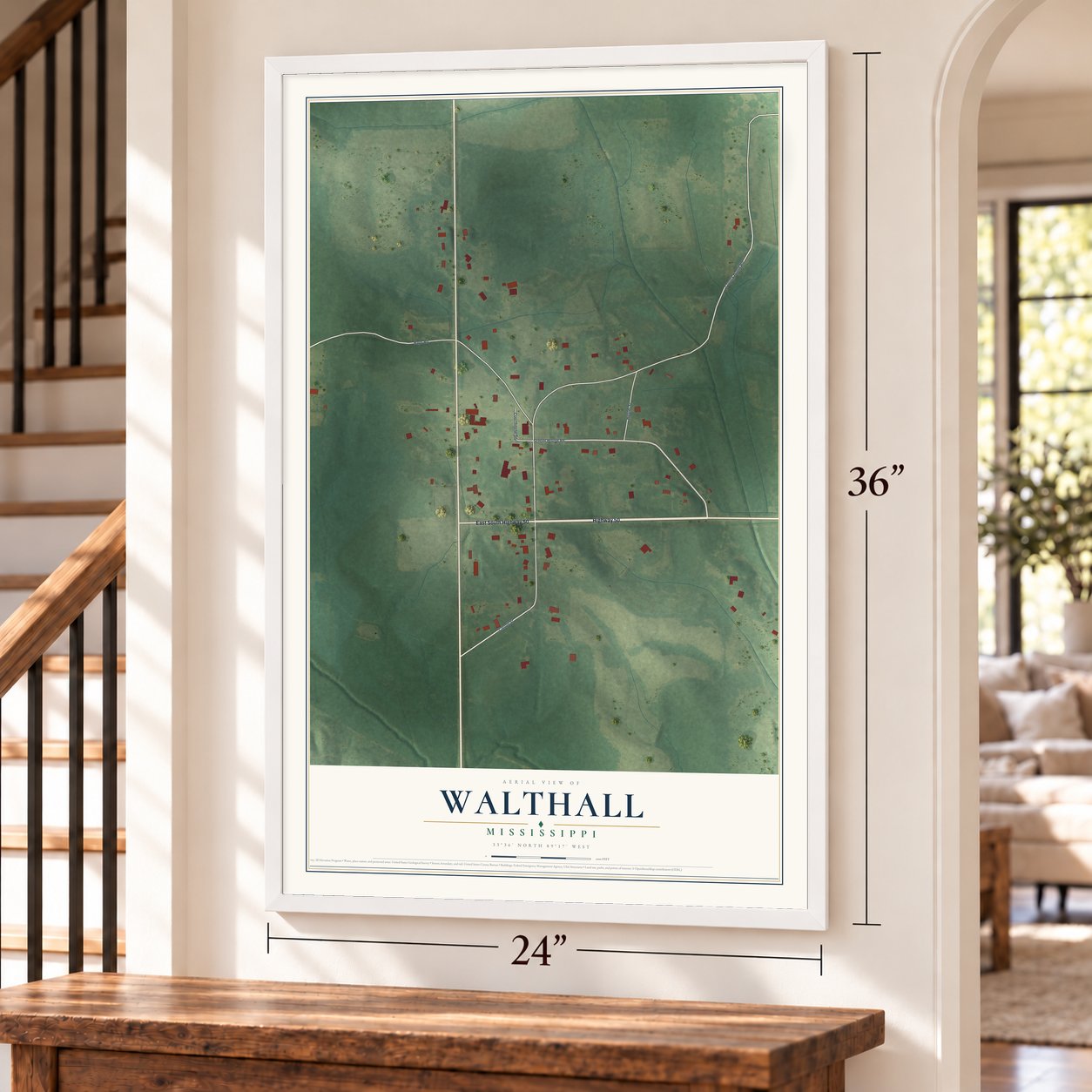 Walthall, Mississippi map, 24 x 36 inch print in a white frame by a staircase