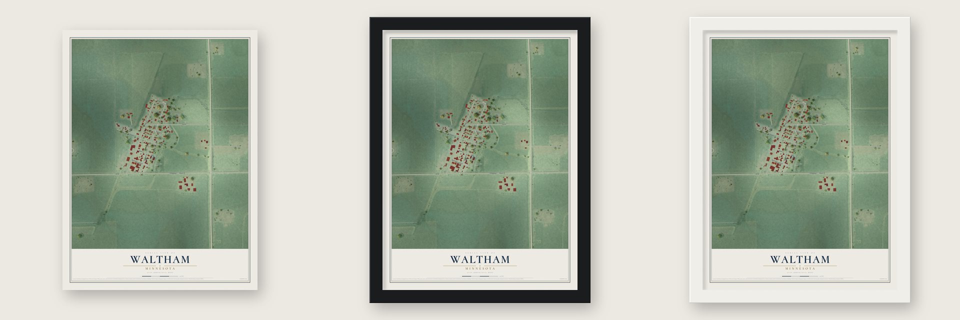 Waltham, Minnesota map unframed, in a black wood frame and in a white wood frame