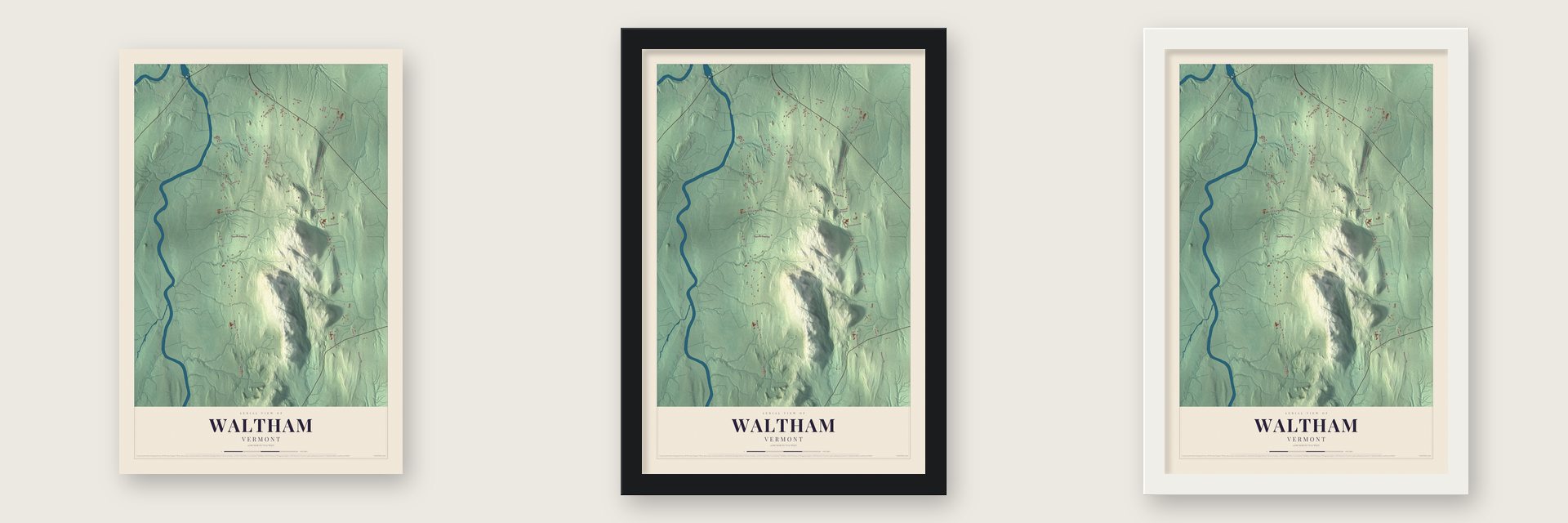 Waltham, Vermont map unframed, in a black wood frame and in a white wood frame