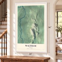 Waltham, Vermont map, 24 x 36 inch print in a white frame by a staircase