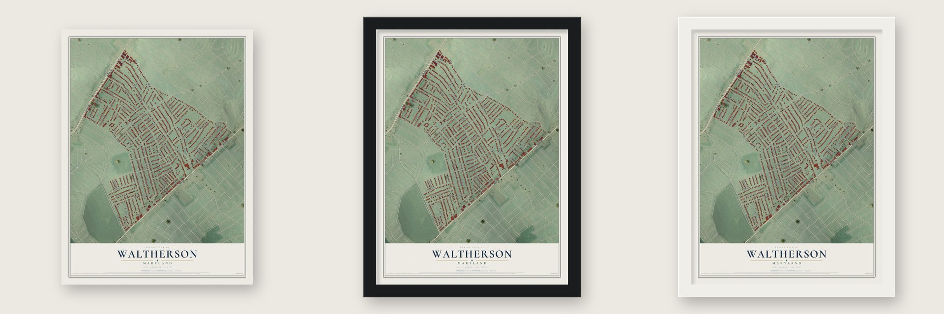 Waltherson, Maryland map unframed, in a black wood frame and in a white wood frame