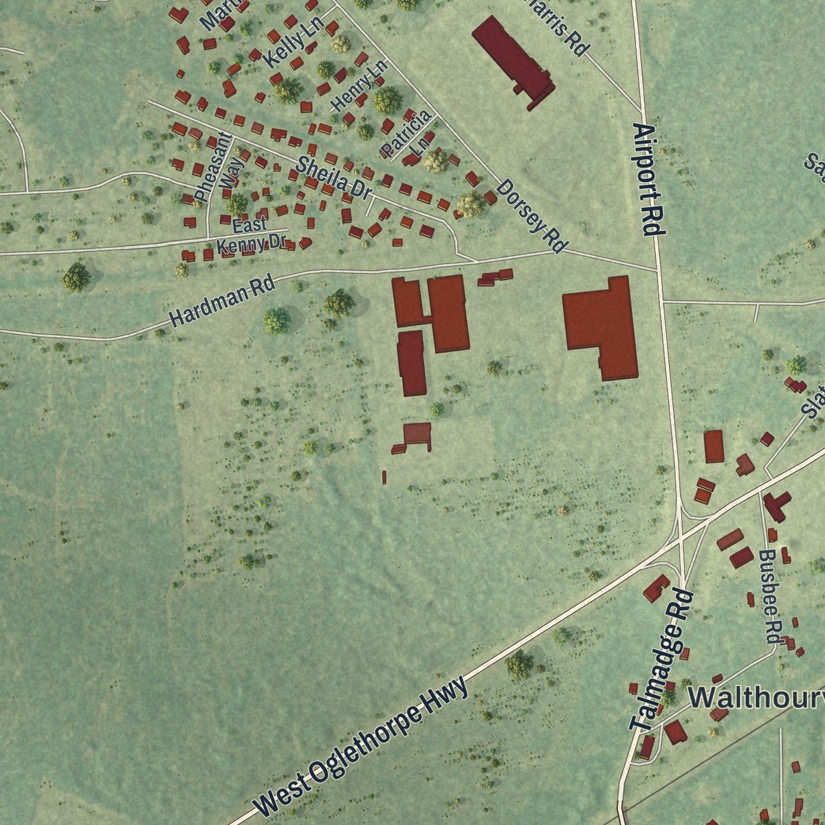 Second close-up of the map of Walthourville, Georgia print showing more streets and buildings