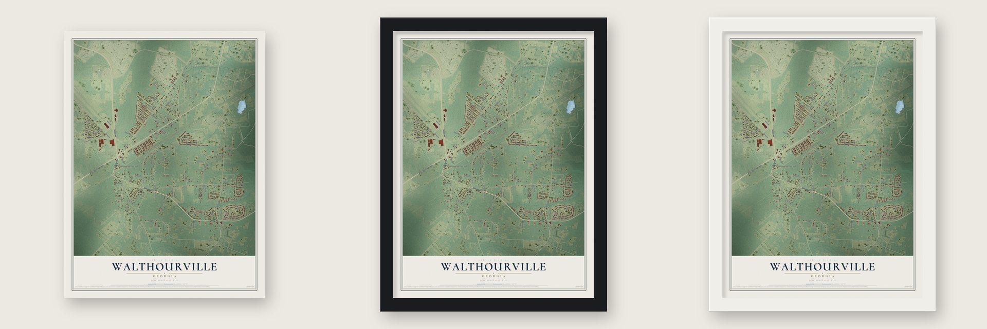 Walthourville, Georgia map unframed, in a black wood frame and in a white wood frame