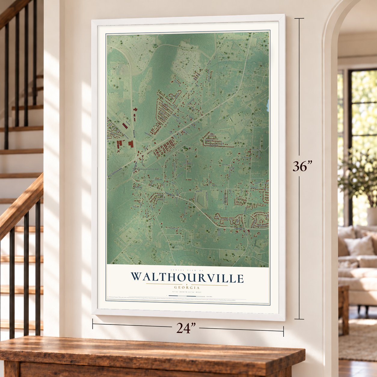 Walthourville, Georgia map, 24 x 36 inch print in a white frame by a staircase