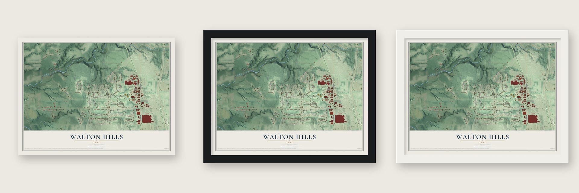 Walton Hills, Ohio map unframed, in a black wood frame and in a white wood frame