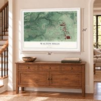 Walton Hills, Ohio map, 24 x 36 inch print in a white frame above a dresser by a staircase