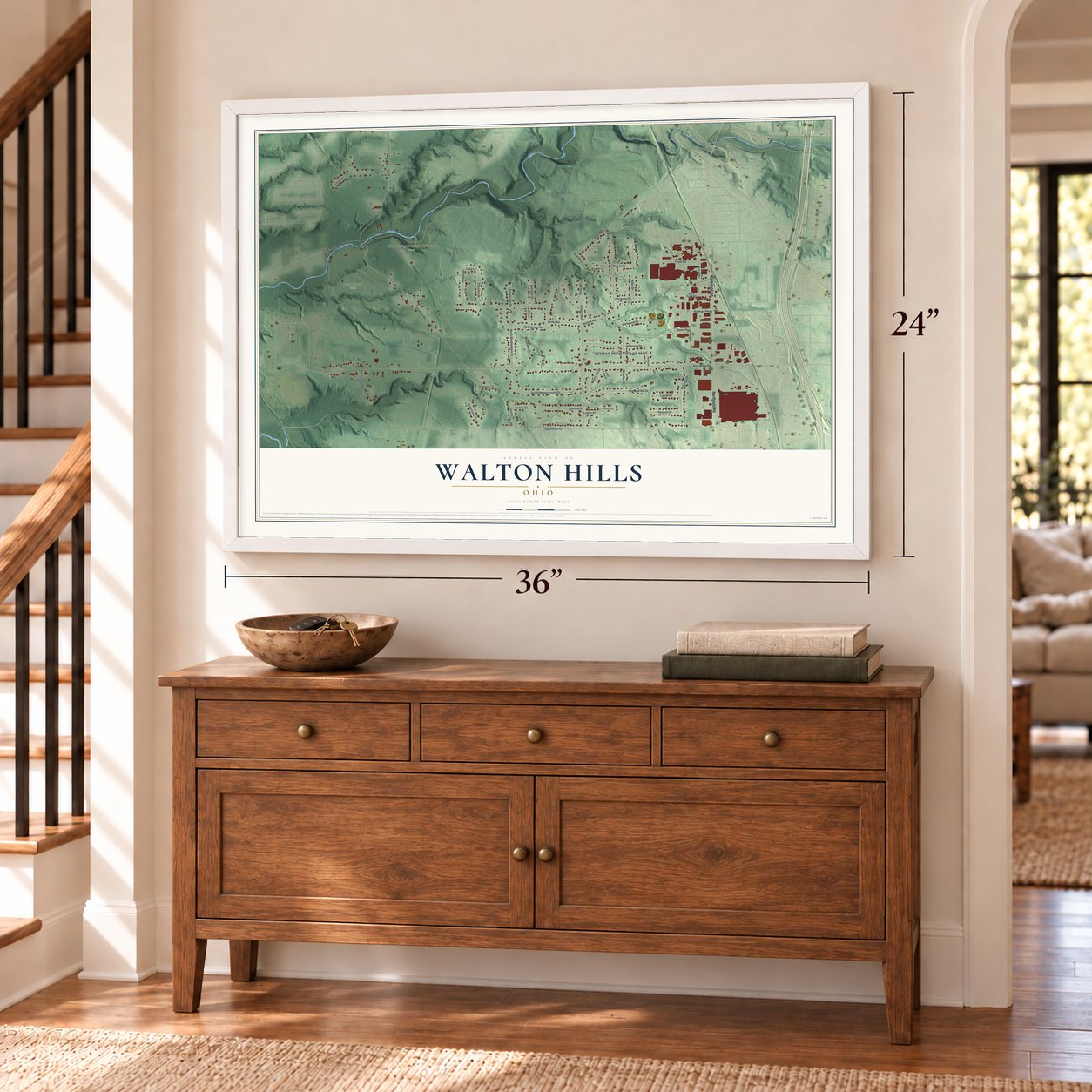 Walton Hills, Ohio map, 24 x 36 inch print in a white frame above a dresser by a staircase