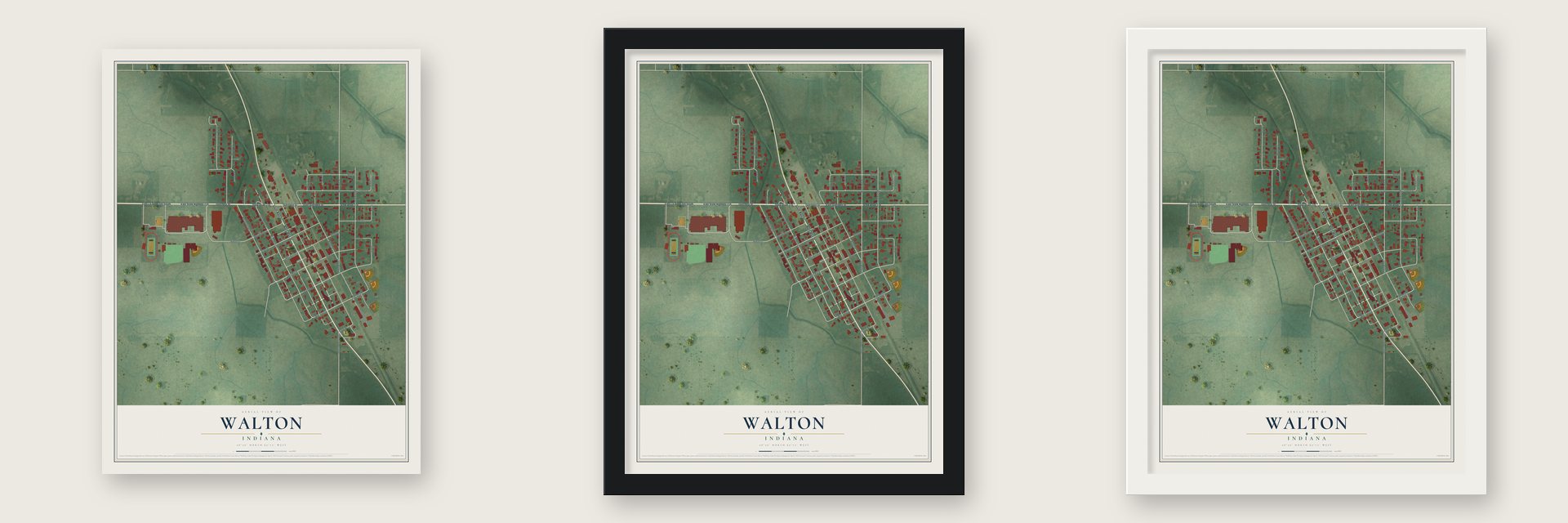 Walton, Indiana map unframed, in a black wood frame and in a white wood frame