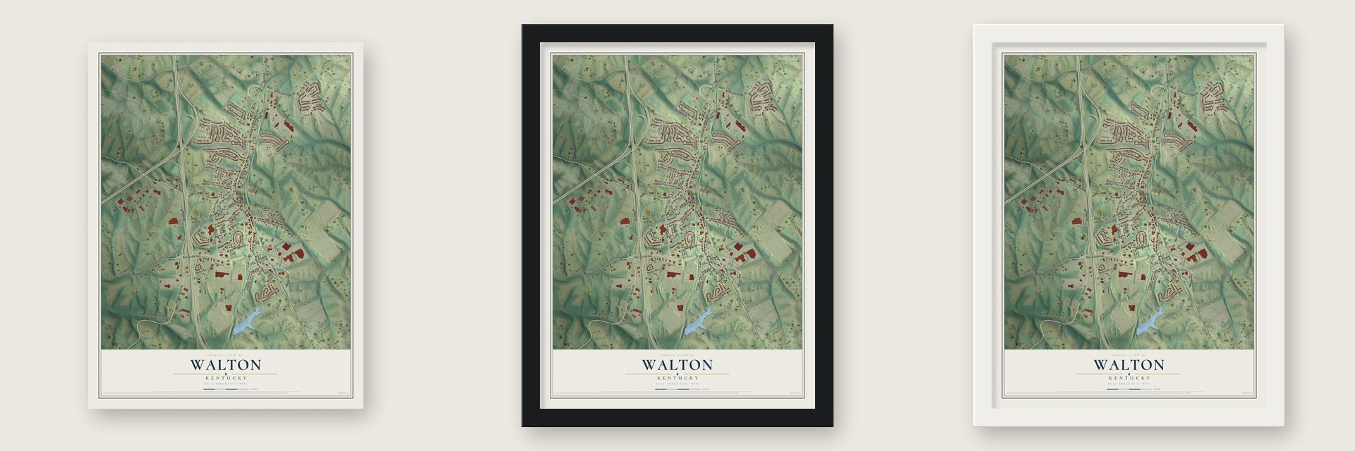 Walton, Kentucky map unframed, in a black wood frame and in a white wood frame
