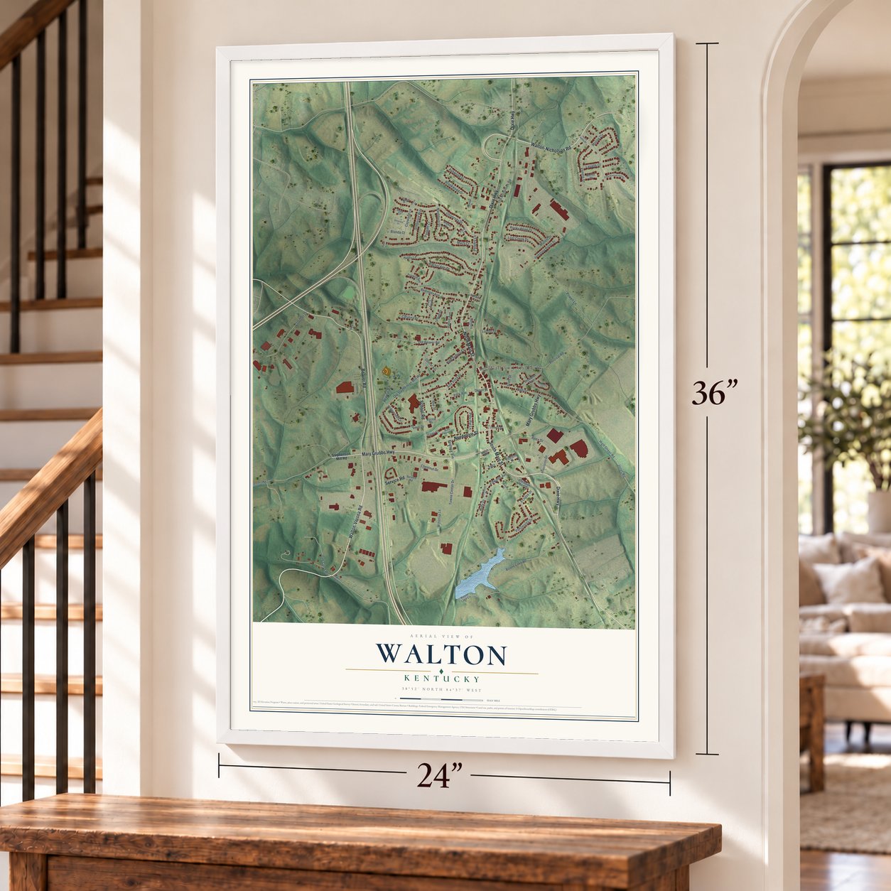 Walton, Kentucky map, 24 x 36 inch print in a white frame by a staircase