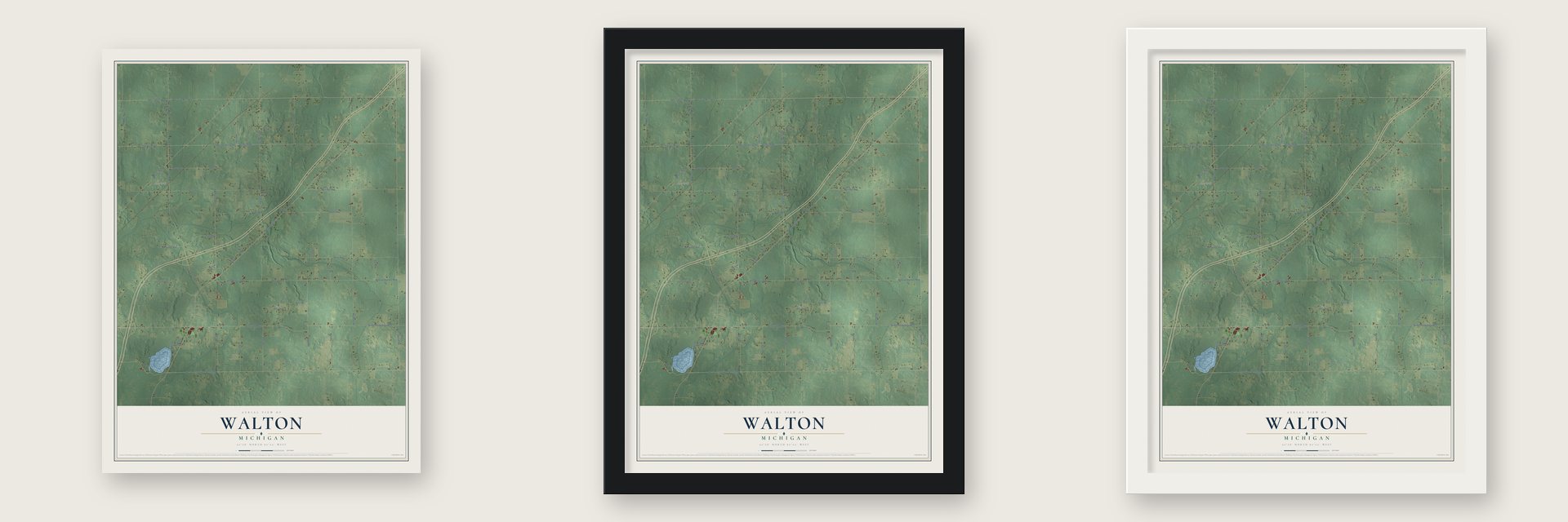 Walton, Michigan map unframed, in a black wood frame and in a white wood frame