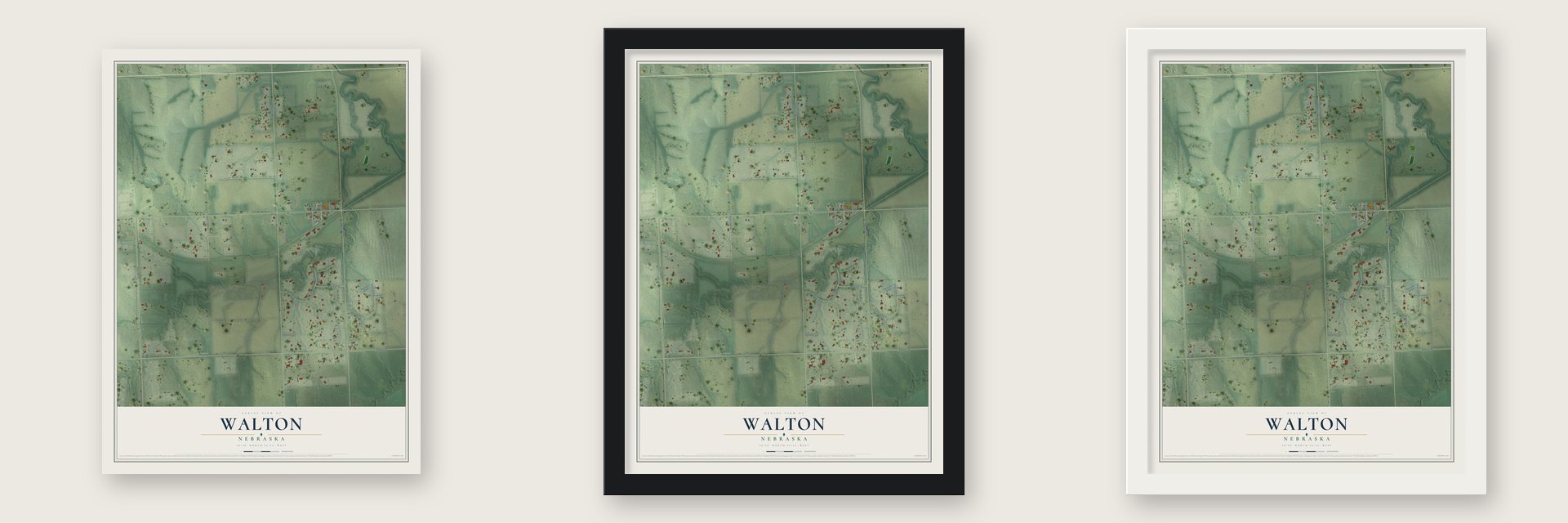 Walton, Nebraska map unframed, in a black wood frame and in a white wood frame