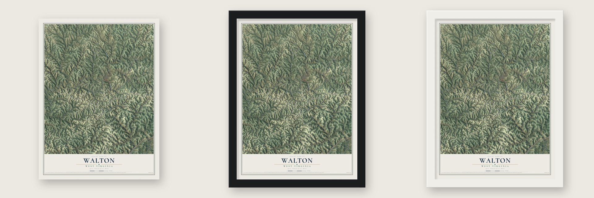 Walton, West Virginia map unframed, in a black wood frame and in a white wood frame