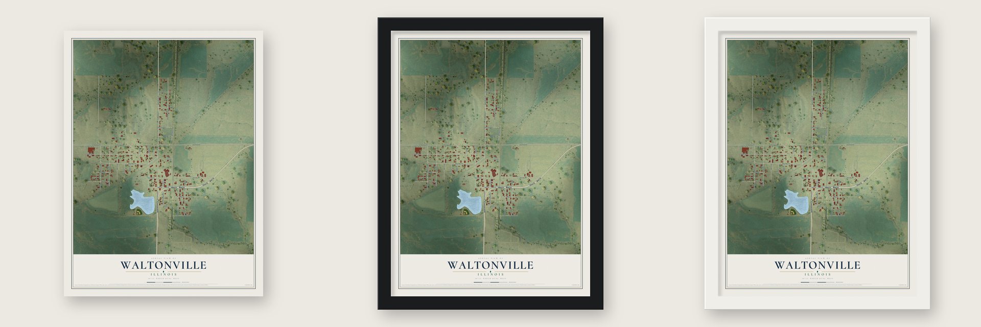 Waltonville, Illinois map unframed, in a black wood frame and in a white wood frame