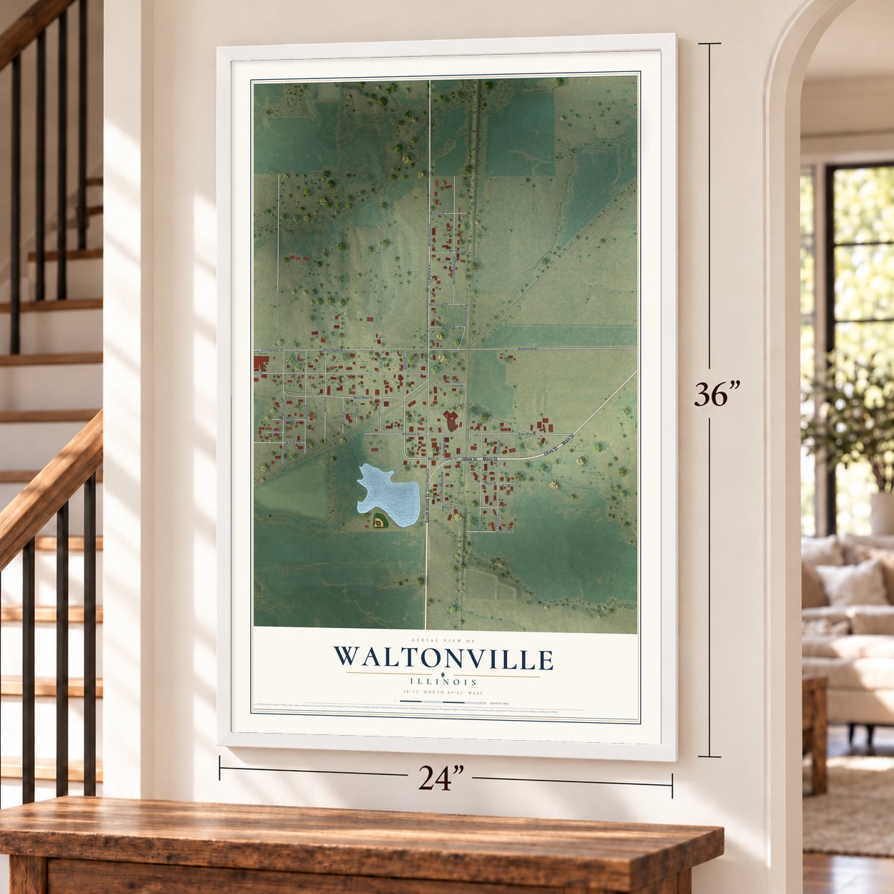 Waltonville, Illinois map, 24 x 36 inch print in a white frame by a staircase