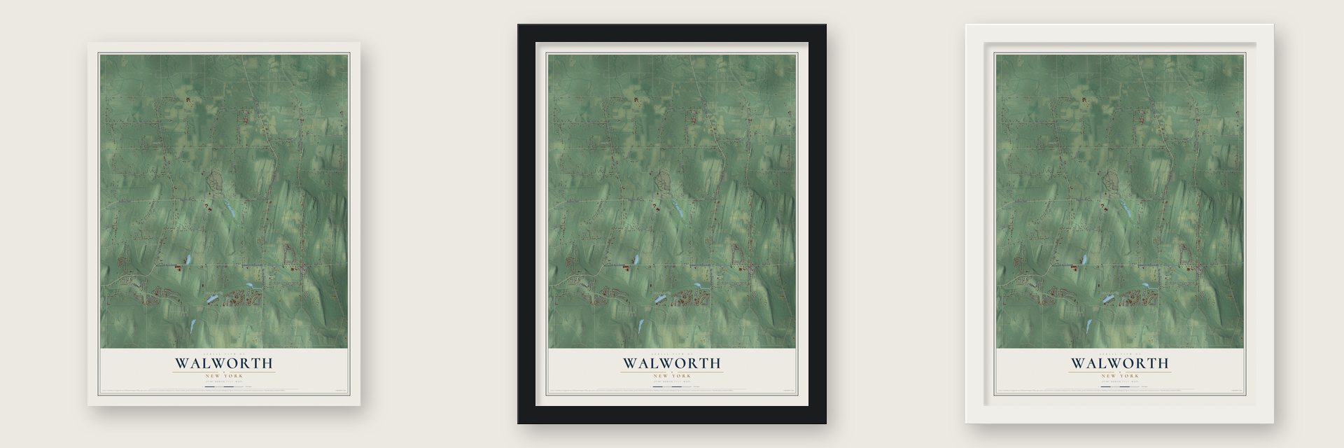 Walworth, New York map unframed, in a black wood frame and in a white wood frame