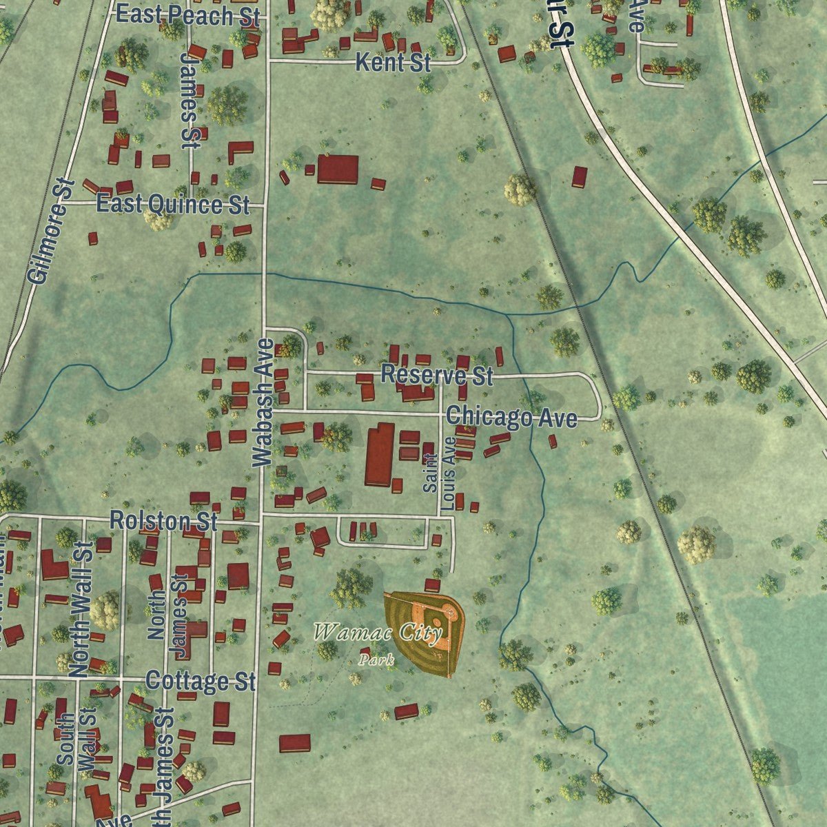 Second close-up of the map of Wamac, Illinois print showing more streets and buildings