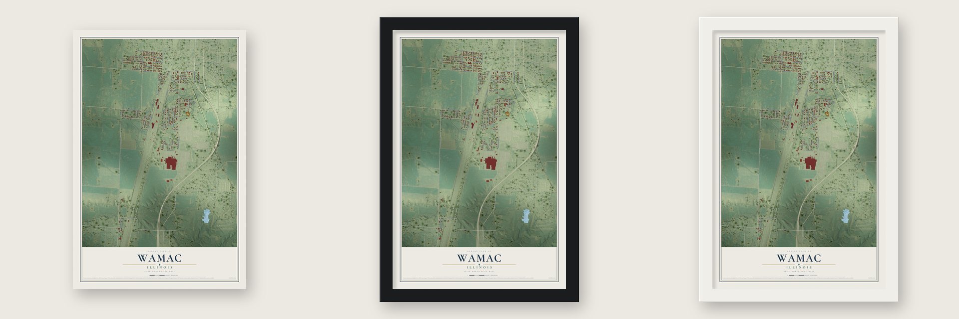 Wamac, Illinois map unframed, in a black wood frame and in a white wood frame