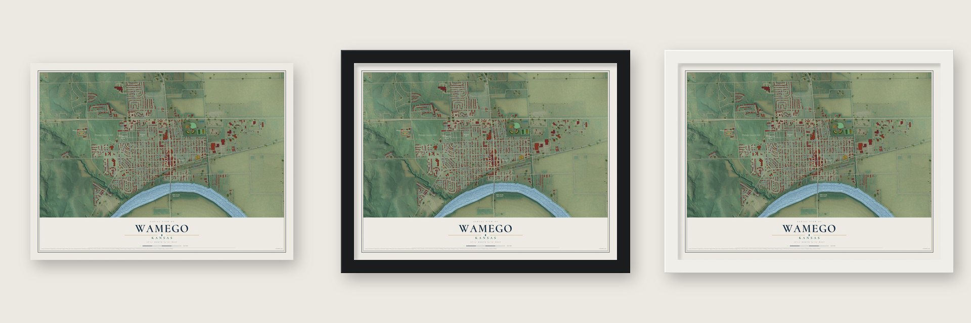 Wamego, Kansas map unframed, in a black wood frame and in a white wood frame