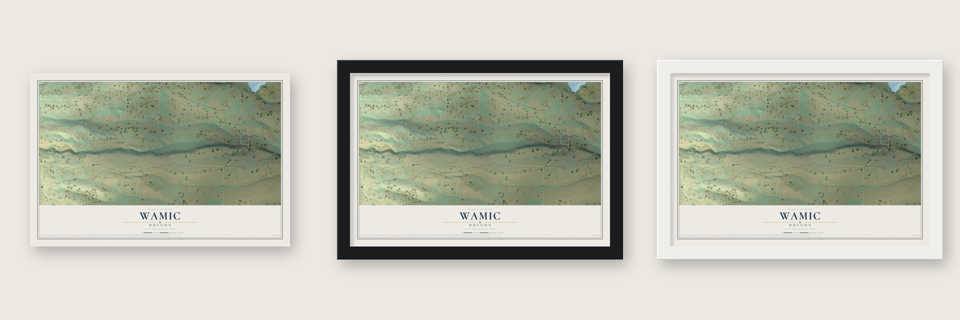Wamic, Oregon map unframed, in a black wood frame and in a white wood frame