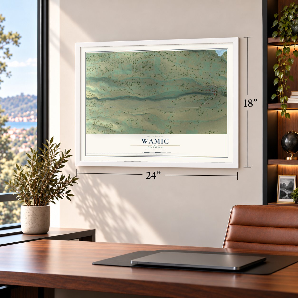 Wamic, Oregon map, 18 x 24 inch print in a white frame in a home office