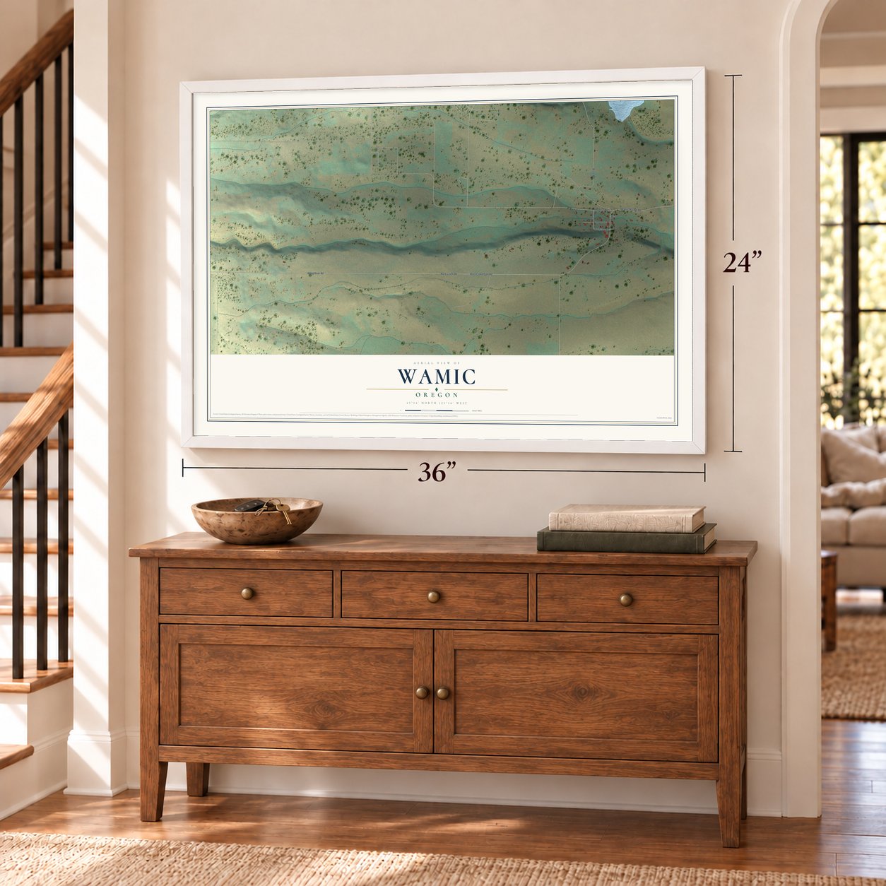 Wamic, Oregon map, 24 x 36 inch print in a white frame above a dresser by a staircase