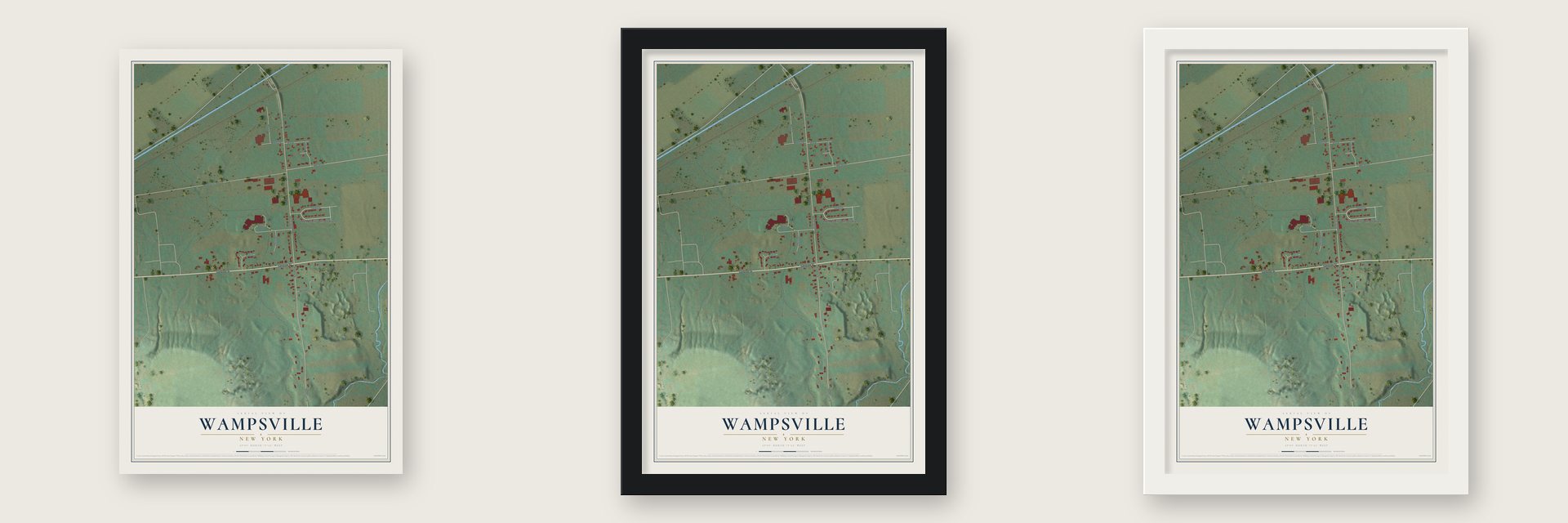 Wampsville, New York map unframed, in a black wood frame and in a white wood frame