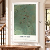 Wampsville, New York map, 24 x 36 inch print in a white frame by a staircase