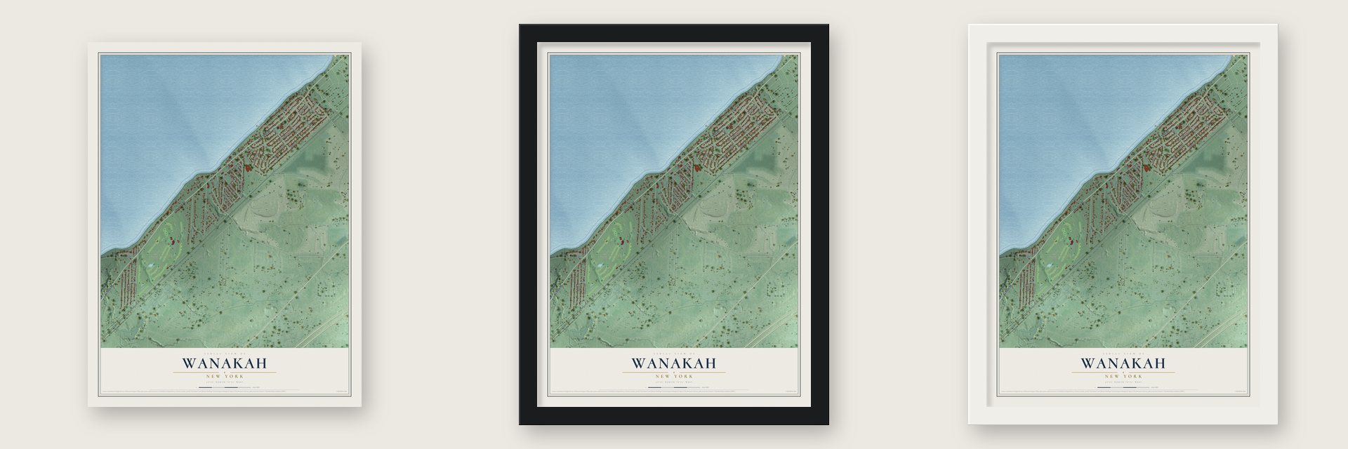 Wanakah, New York map unframed, in a black wood frame and in a white wood frame