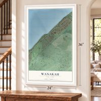 Wanakah, New York map, 24 x 36 inch print in a white frame by a staircase