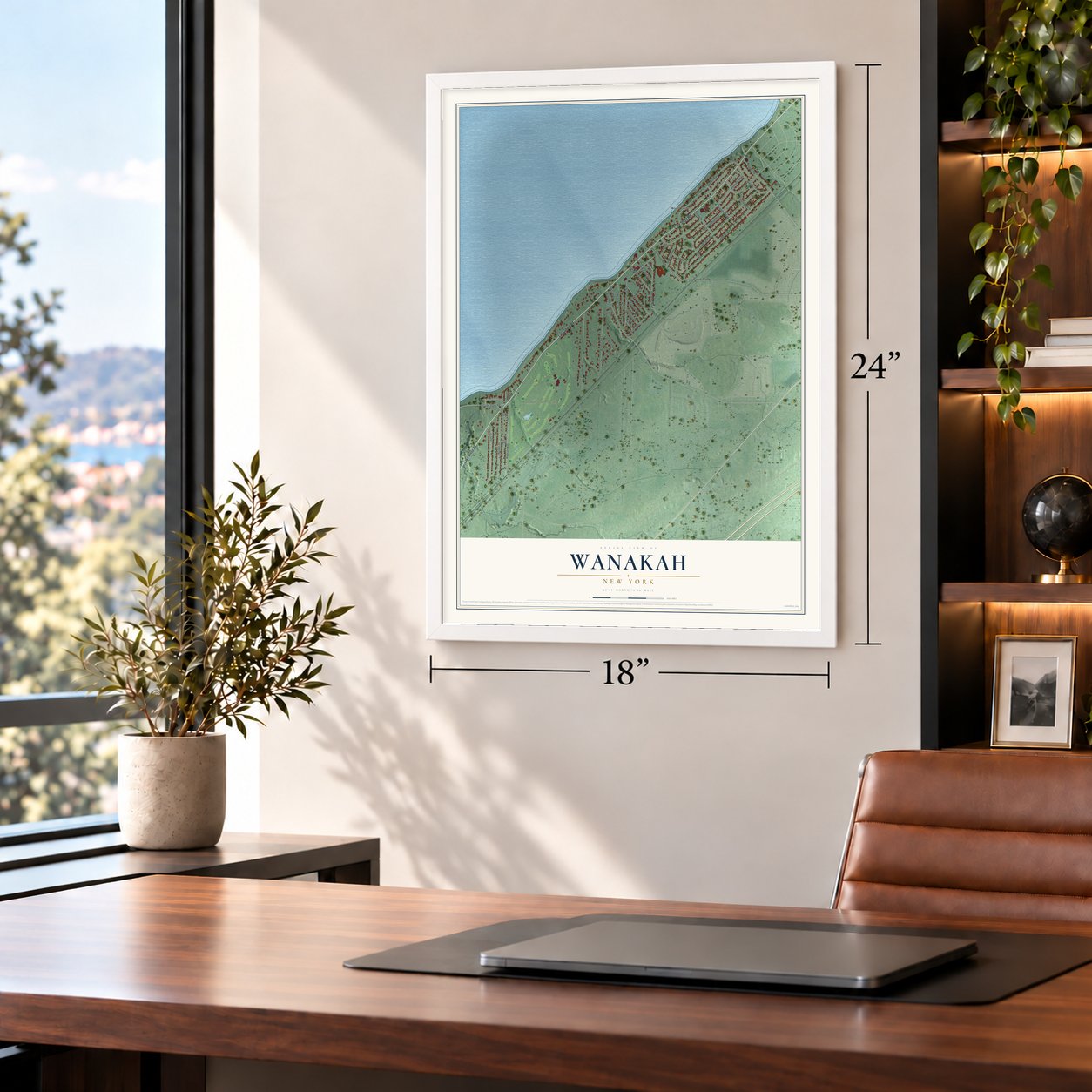 Wanakah, New York map, 18 x 24 inch print in a white frame in a home office