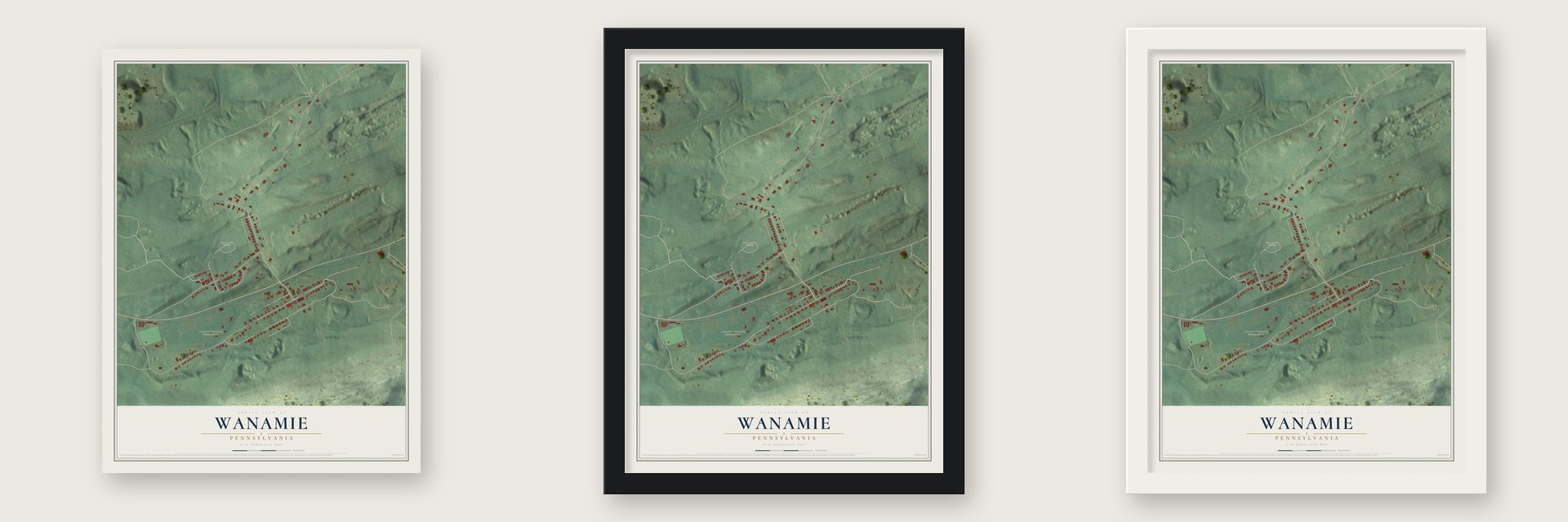 Wanamie, Pennsylvania map unframed, in a black wood frame and in a white wood frame
