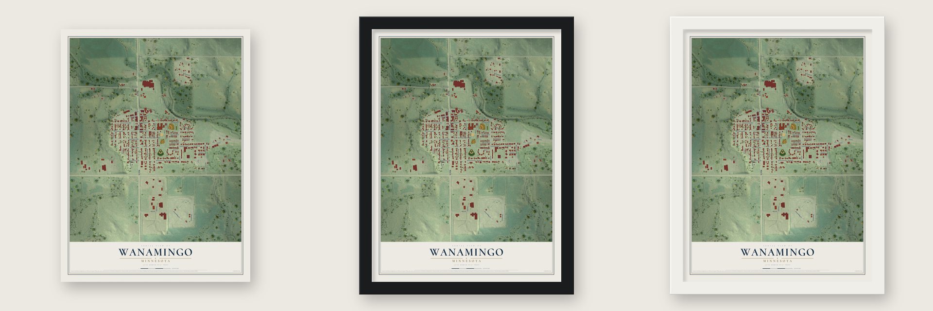 Wanamingo, Minnesota map unframed, in a black wood frame and in a white wood frame