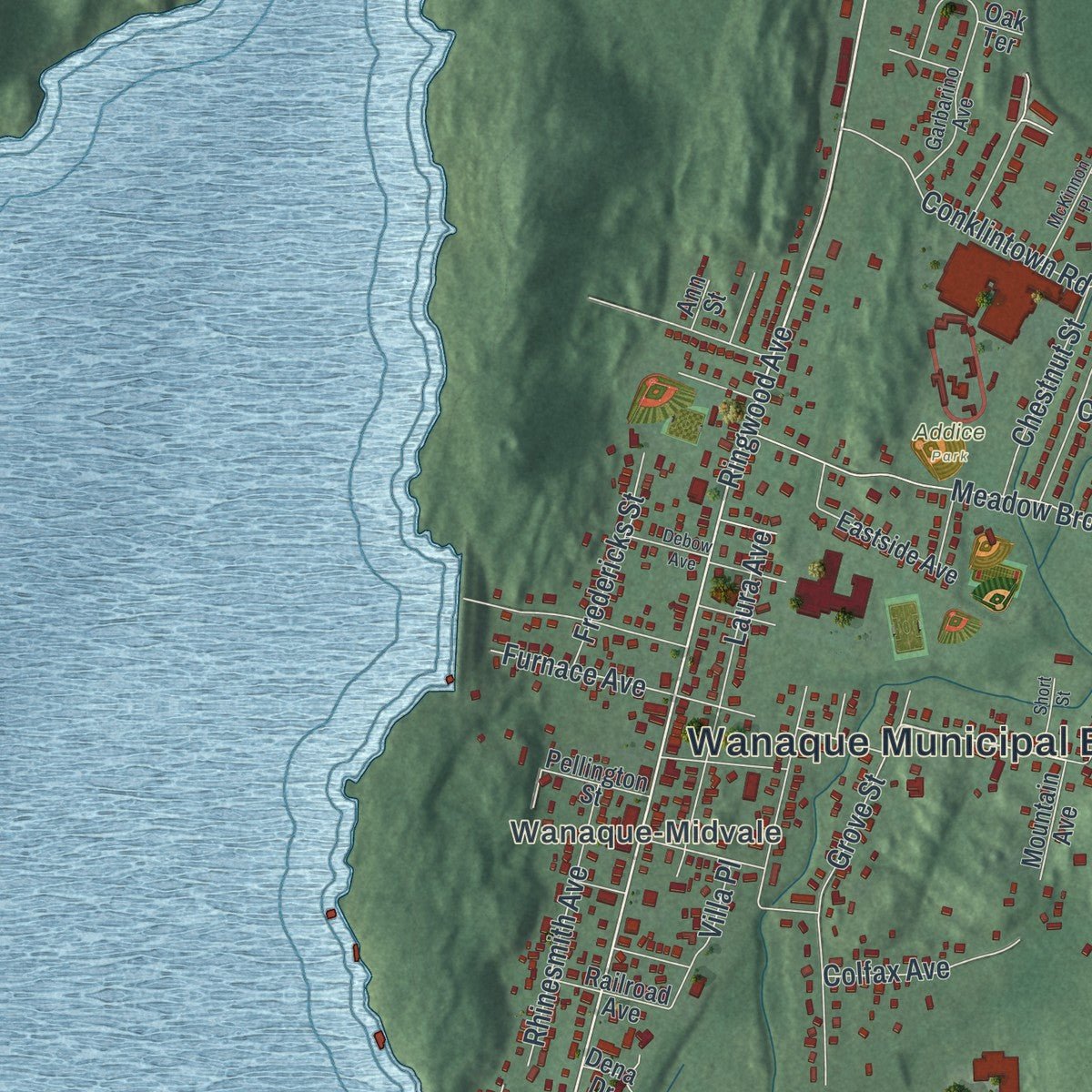Second close-up of the map of Wanaque, New Jersey print showing more streets and buildings