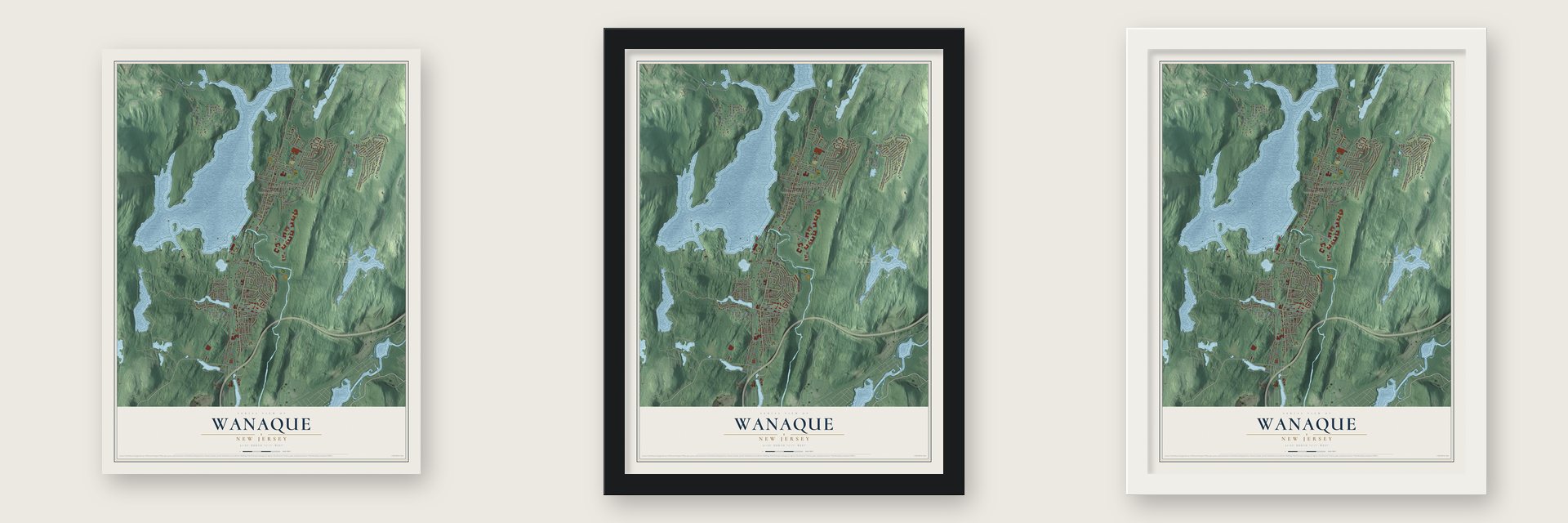 Wanaque, New Jersey map unframed, in a black wood frame and in a white wood frame