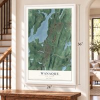 Wanaque, New Jersey map, 24 x 36 inch print in a white frame by a staircase