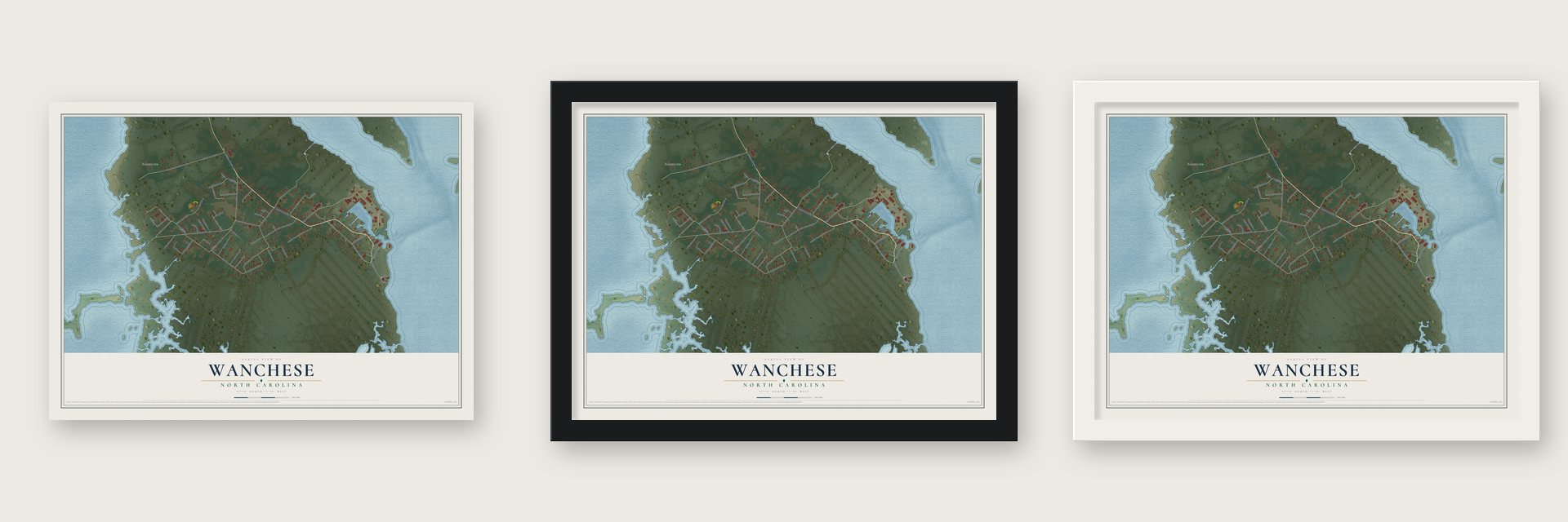 Wanchese, North Carolina map unframed, in a black wood frame and in a white wood frame
