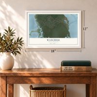 Wanchese, North Carolina map, 12 x 18 inch print in a white frame in an entryway