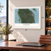 Wanchese, North Carolina map, 18 x 24 inch print in a white frame in a home office