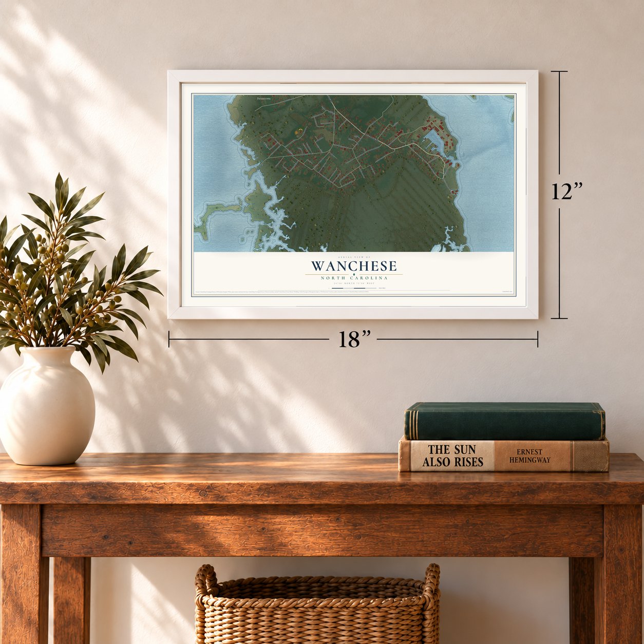 Wanchese, North Carolina map, 12 x 18 inch print in a white frame in an entryway