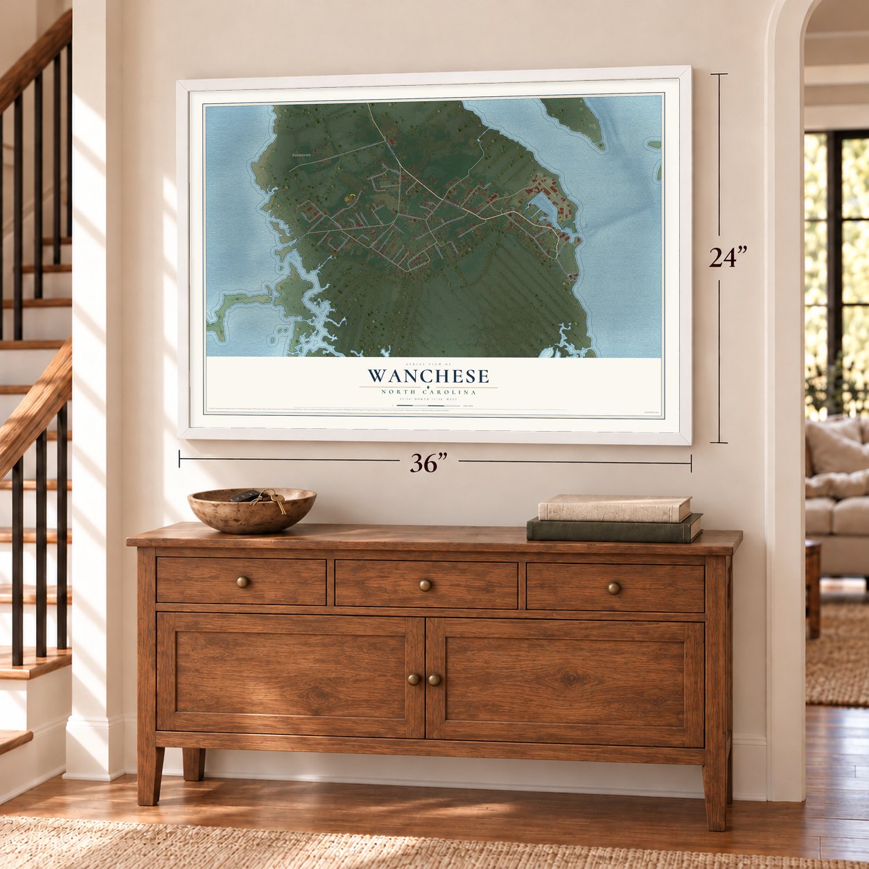 Wanchese, North Carolina map, 24 x 36 inch print in a white frame above a dresser by a staircase