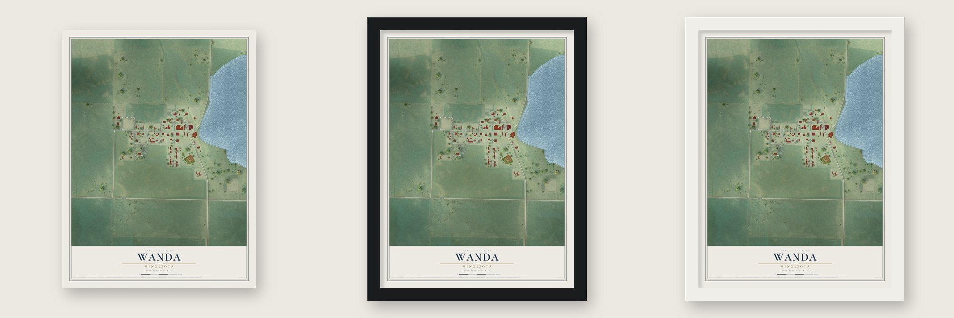 Wanda, Minnesota map unframed, in a black wood frame and in a white wood frame